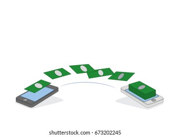 People sending and receiving money wireless with their mobile phones. Hand tapping smart phone with banking payment app. Modern flat style concept vector illustration isolated on white background.
