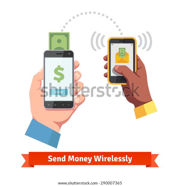People sending and receiving money wireless\
with their mobile phones. Hands holding smart phones with banking\
payment apps. Flat style vector\
icons.