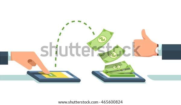 People sending and receiving money wireless\
with their mobile phones. Hand tapping  smart phone with banking\
payment app. Modern flat style concept vector illustration isolated\
on white background.