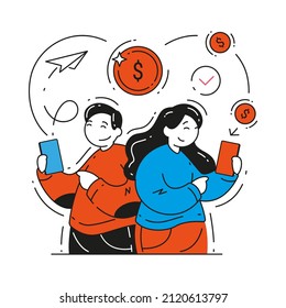 People sending and receiving wireless money transfer use smartphone vector flat illustration. Man and woman with mobile phone banking payment isolated. Cashless electronic pay management