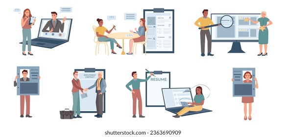People sending resume signing employment contract and passing job interview flat set isolated vector illustration