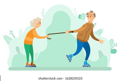 People senior man and woman in park vector, grandfather and grandmother spending time in forest. Skating female holding wooden walking stick flat style