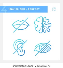 Las personas con deterioro sensorial gradiente de iconos de vector lineal conjunto. Sordera, ceguera, discapacidad intelectual. Paquete de diseños de símbolos de contorno de línea fina. Colección de ilustraciones de esquema aislado