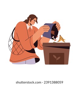 People separate garbage, sorting trash, segregating waste. Woman with bag throw organic, biodegradable scraps from bucket to dumpster. Sustainable lifestyle. Flat isolated vector illustration on white