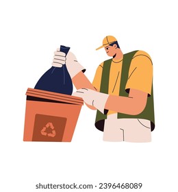 People separate, sorting, segregate trash. Cleaner collect pack with waste from garbage container, dumpster. Care about nature, environment. Recycle rubbish flat isolated vector illustration on white