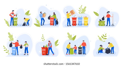 Menschen, die Müll trennen. Umwelttag Recycling Müll, Familie mit Kindern sortieren und separater Müll zur Verringerung der Umweltverschmutzung Vektorillustration Illustration Set. Abfallsortierungsidee