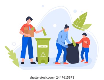 People separating garbage to safe environment and clean up. Vector of recycle trash, safe ecology illustration, waste environment recycling