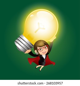 People Set - Business - Super businesswoman holding up huge light bulb
