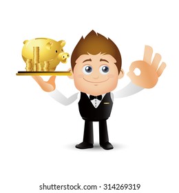 People Set - Business - Waiter serving something. Piggy bank