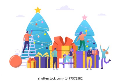 People set christmas tree decoration and give present to each other,  vector illustration concept, celebrate new year , can use for, landing page, template, ui, web, homepage, poster, banner, flyer