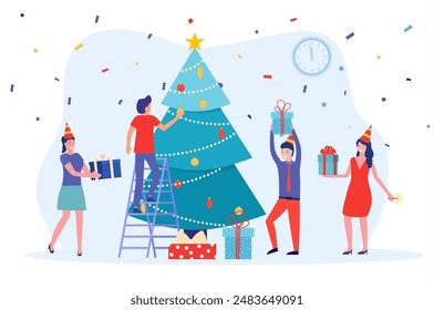 People set christmas tree decoration and give present to each other. celebrate new year. use for, landing page, template, ui, web, homepage, poster, banner, flyer. Vector illustration in flat style