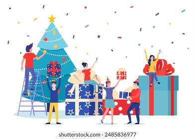 People set christmas tree decoration and give present to each other. celebrate new year. use for, landing page, template, ui, web, homepage, poster, banner, flyer. Vector illustration in flat style