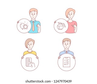 People set of Coffeepot, Balloon dart and Payment card icons. Interview sign. Brewed coffee, Attraction park, Credit card. Checklist file. Character hold circle button. Vector