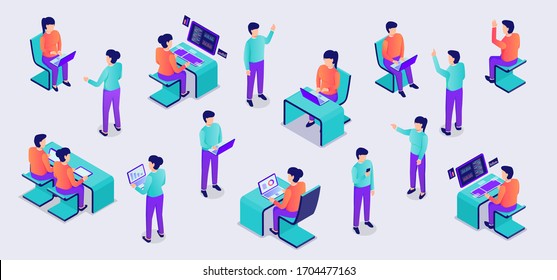 people set collection from office working with laptop on desk with modern isometric flat style