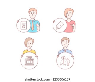 People set of E-mail, File settings and Shop icons. Income money sign. Mail delivery, File management, Store. Wealth. Character hold circle button. Man with like hand. Vector