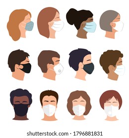 People set faces with medical masks. Coronavirus prevention concept. Different gender, ethnicity, and color woman and man profiles silhouettes. Vector illustration icons isolated on white.