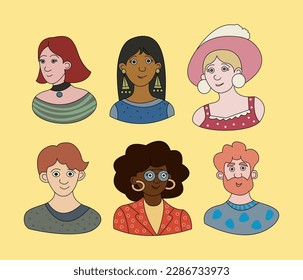 People. A set of funny characters, men and women with different faces, different races, different ages, and different hairstyles. Color vector illustration cartoon style.