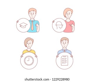 People set of Graduation cap, Time and Face scanning icons. Checklist sign. University, Office clock, Faces detection. Data list. Character hold circle button. Man with like hand