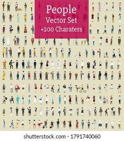 People Set. Group Different Occupation, Profession, Employees Mix Race Workers. Crowd Of People. Activities And Hobbies. Home And Work Walking Dogs, Riding Bicycle, Skateboarding. Male And Female.