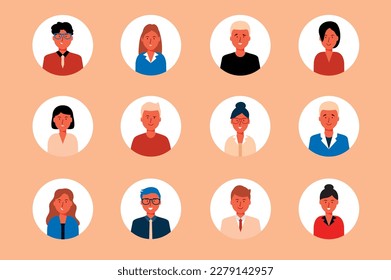 People set icons concept in the flat cartoon design on the orange background. Image of people of different genders with different appearances. Vector illustration.