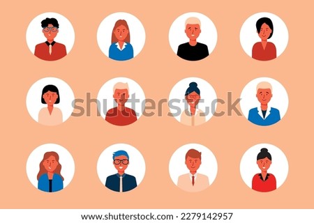 People set icons concept in the flat cartoon design on the orange background. Image of people of different genders with different appearances. Vector illustration.