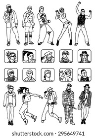 People set icons and figures Monochrome. Separated set with people figures and characters icons. Black and white vector illustration.