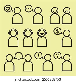 People Set Icons Vector Illustration: A versatile icon set featuring people communicating, customer support with headsets, money conversations, and expressions of questions and exclamations. 