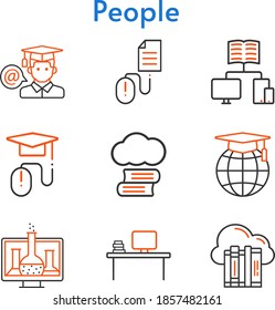 people set. included cloud library, chemistry, cloud, desktop, student, school, elearning, click icons. bicolor styles.