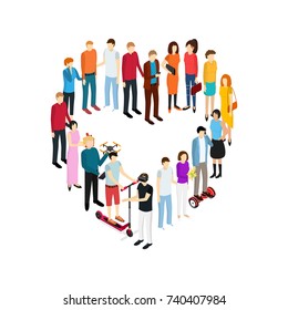 People Set Man and Woman Isometric View Person Social Element Diverse Character Heart Shape Concept Love. Vector illustration