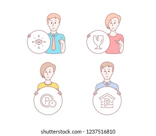 People set of Parcel delivery, Parking time and Fragile package icons. Parking sign. Logistics service, Park clock, Safe shipping. Garage. Character hold circle button. Vector