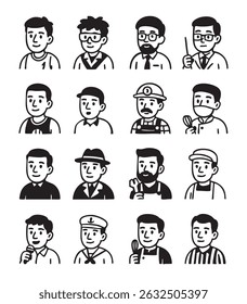 people set professions icon pack vector illustration, Collection of 16 Diverse Male Avatar Outlines Professions, Styles, and Personalities