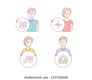 People set of Quick tips, Cleaning and Parcel delivery icons. Group sign. Helpful tricks, Maid service, Logistics service. Managers. Character hold circle button. People vector