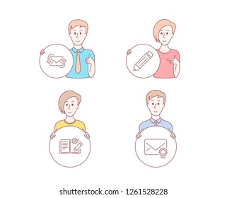 People set of Refresh mail, Engineering documentation and Pencil icons. Verified mail sign. New e-mail, Manual, Edit data. Confirmed e-mail. Character hold circle button. Vector