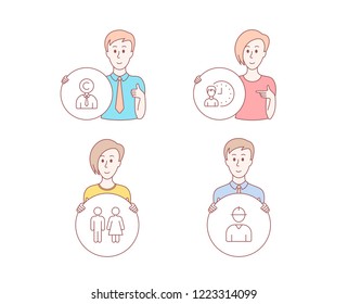 People set of Restroom, Working hours and Copyrighter icons. Engineer sign. Wc toilet, Project deadline, Writer person. Worker profile. Character hold circle button. People vector