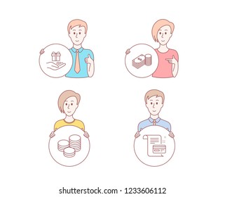 People set of Savings, Tips and Loyalty program icons. Payment card sign. Finance currency, Cash coins, Gift. Agreement conditions. Character hold circle button. People vector
