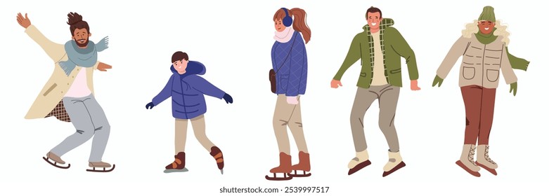 People set skating on ice rink. Family on skates, winter holiday skating activity. Christmas time outdoor. Flat vector characters. Hand drawn illustration.