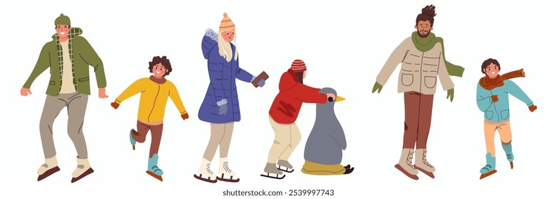 Personas de patinaje en pista de hielo. Familia en patines, actividad de patinaje de vacaciones de invierno. Navidades tiempo al aire libre. Caracteres de Vector plano. Dibujado a mano ilustración.