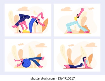 People Set in Sports Wear Engage Fitness, Aerobics Outdoors, Man and Women Healthy Sport Lifestyle, Characters Pilates Workout, Girl Training on Fitball Healthy Life Cartoon Flat Vector Illustration