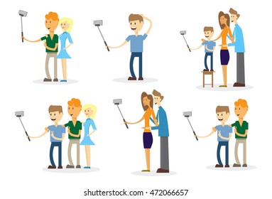 People Set Taking Selfie Photo On Smart Phone With Stick Vector Illustration