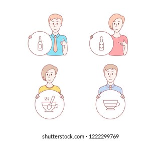 People set of Tea cup, Beer and Beer bottle icons. Mocha sign. Coffee with spoon, Pub alcohol, Coffee cup. Character hold circle button. Man with like hand. People vector