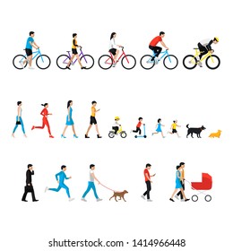 People set. Walk person, cicling person. Man, woman, children, boy, girl, dog. People in activity, walking with dog, go for a walk, go to work, runnig people, ride a bike, looking at smartphone. 