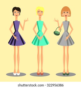 People set. Women set in color dresses. Vector illustration.