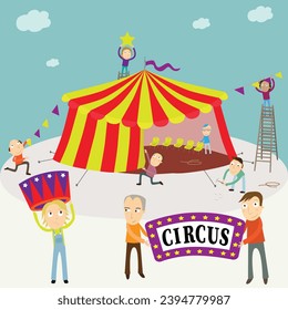 People setting up a big top circus tent. Vector Illustration.