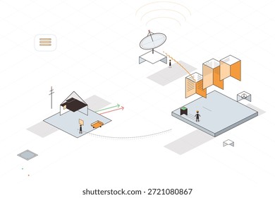 Las Personas están creando una red digital con antenas parabólicas, diferentes edificios y líneas que conectan dispositivos. La escena muestra un ambiente ocupado dedicado a la tecnología.