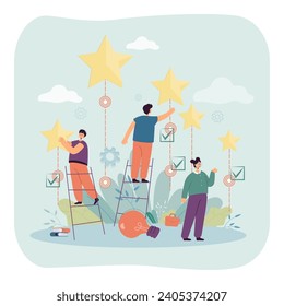 People setting goals and reaching them vector illustration. Stars, targets, lightbulb, check marks, target icons. People climbing up achievement ladder. Goal setting, achievement, success, business