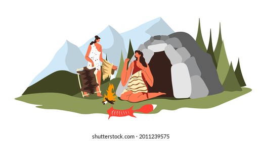 People sewing clothes from fur and skin of killed animals. Prehistoric period culture and daily life, Women caring for cave houses and household. Girls by small fireplace. Vector in flat style
