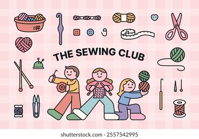 People from the Sewing Club. A collection of various tools needed for knitting. Cuttiny character with outline. thumbnail template concepts.