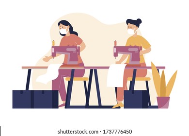 People sewing medical masks illustration