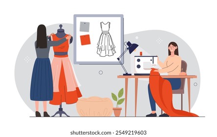 People in sewing room. Women sew dresses with sewing machine and needles. Handicraft garment and apparel. Hobby and leisure. Flat vector illustration isolated on white background