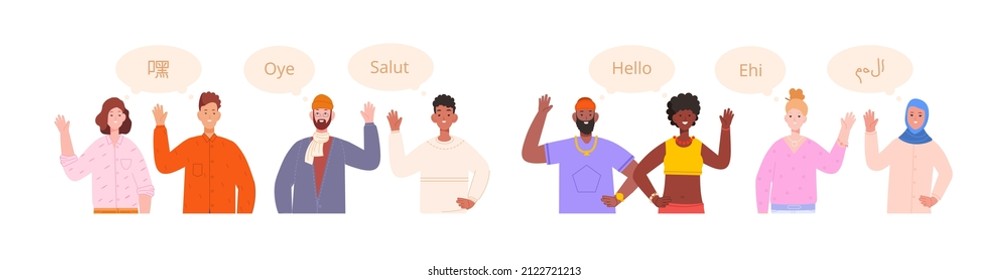 People sgreeting languages. Say hi hello greeting foreign student, different multilingual culture, translate international speech, bubble chat, cartoon splendid vector illustration